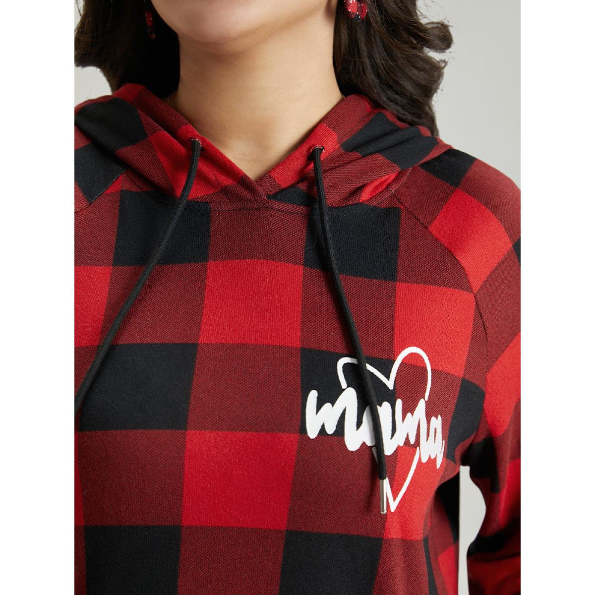 Plus Size Letter Plaid Hooded Drawstring Pocket Sweatshirt Women Red Casual Elastic cuffs Hooded Festival-Christmas Sweatshirts BloomChic 12/L Product Image
