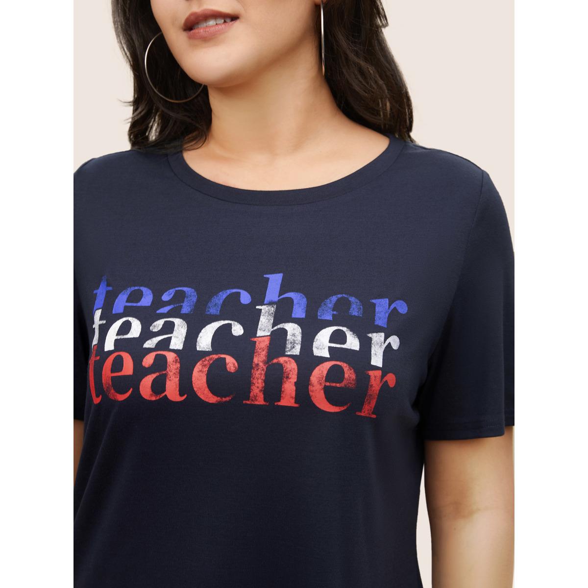 Plus Size Letter Print Contrast Round Neck T-shirt Midnight Women Casual Non Art&design Everyday T-shirts BloomChic 12/L Product Image