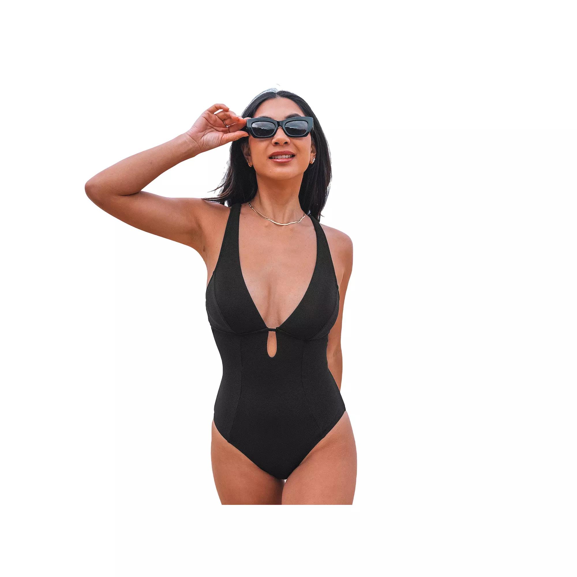 Women's Cupshe Textured Deep V-Neck Keyhole One-Piece Swimsuit,  Product Image