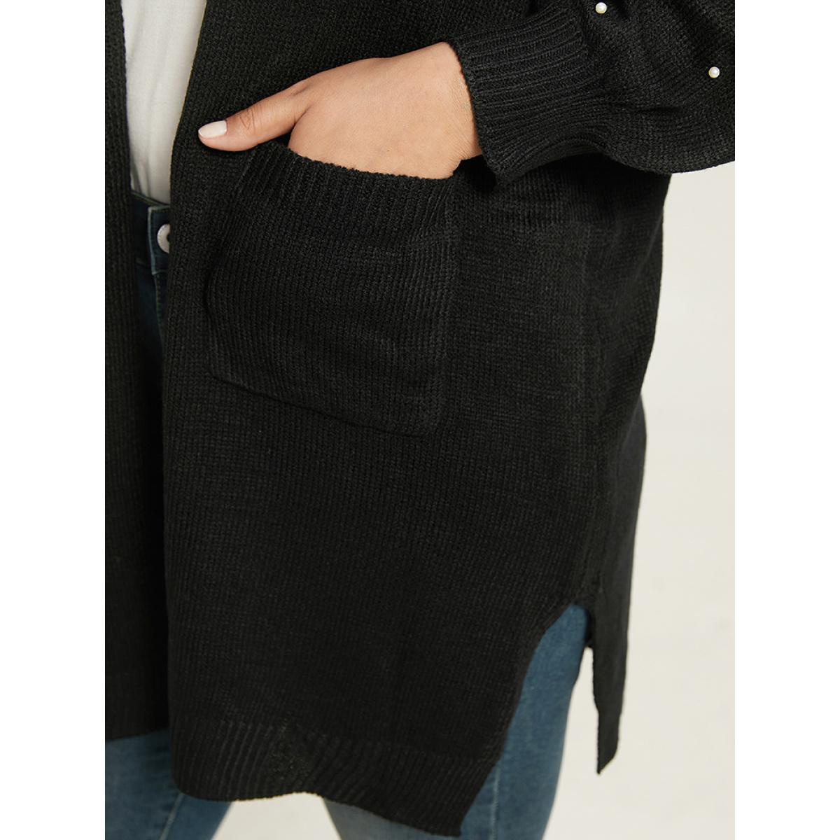 Plus Size Beaded Split Side Patched Pocket Cardigan Black Women Casual Loose Long Sleeve Everyday Cardigans BloomChic 28/5X Product Image