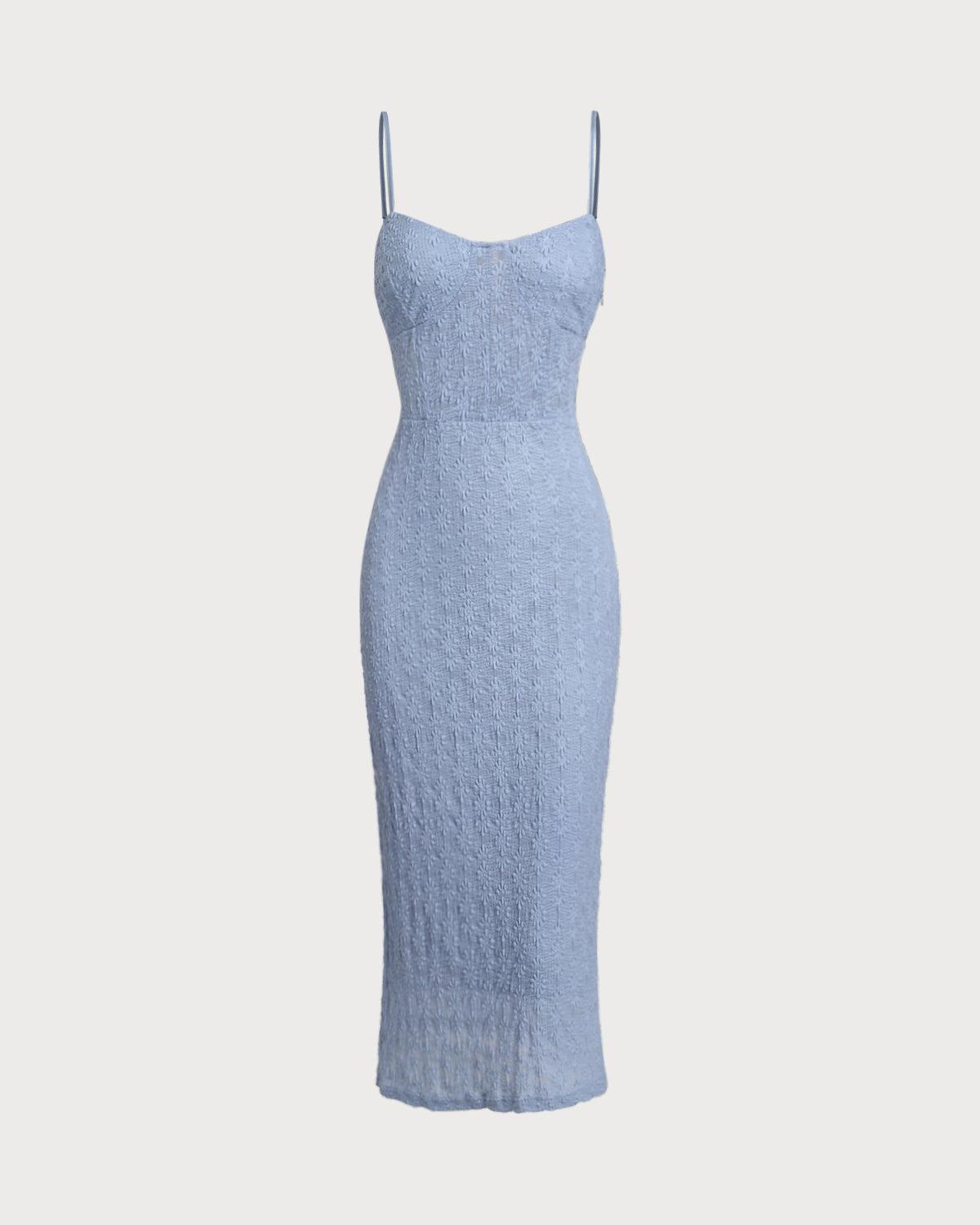 Blue Lace Slip Bodycon Midi Dress Product Image