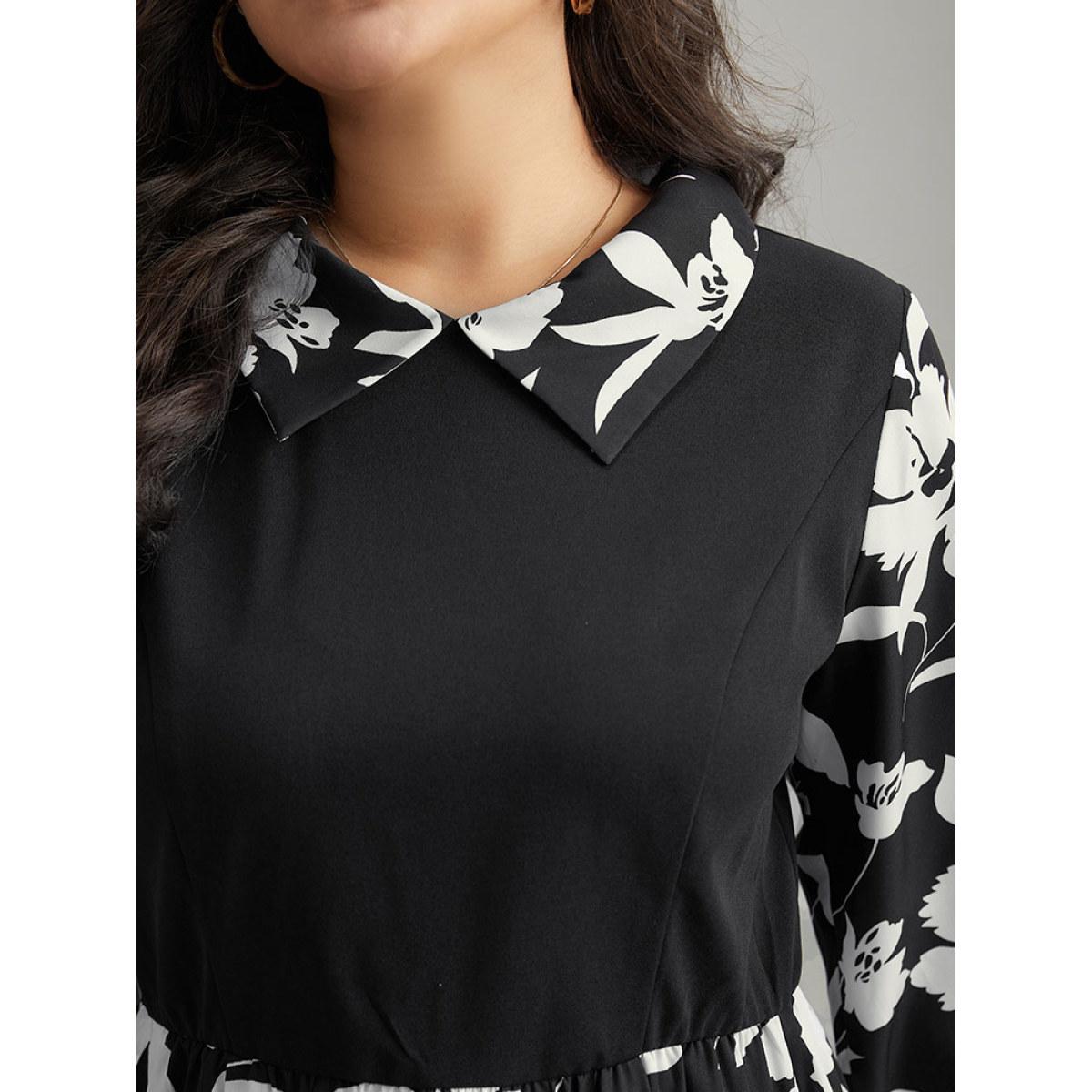 Plus Size Silhouette Floral Print Patchwork Ruffle Hem Dress Black Women Office Printed Lapel Collar Long Sleeve Curvy Midi Dress BloomChic 18-20/2X Product Image
