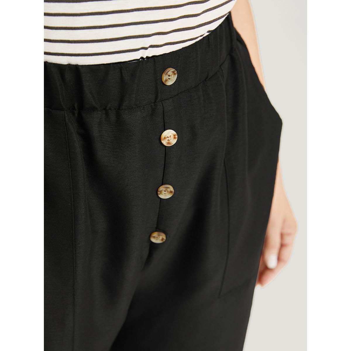 Plus Size Solid Pocket Button Detail Elastic Waist Pants Women Black Casual High Rise Dailywear Pants BloomChic 10/M Product Image