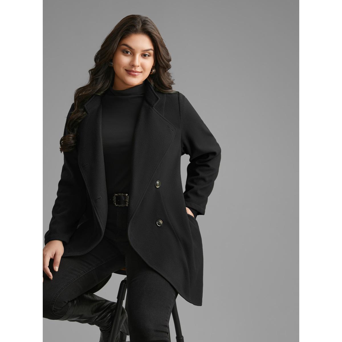 Plus Size Solid Wrap Button Up Asymmetrical Hem Coat Women Black Elegant Button Ladies Everyday Winter Coats BloomChic 12/L Product Image