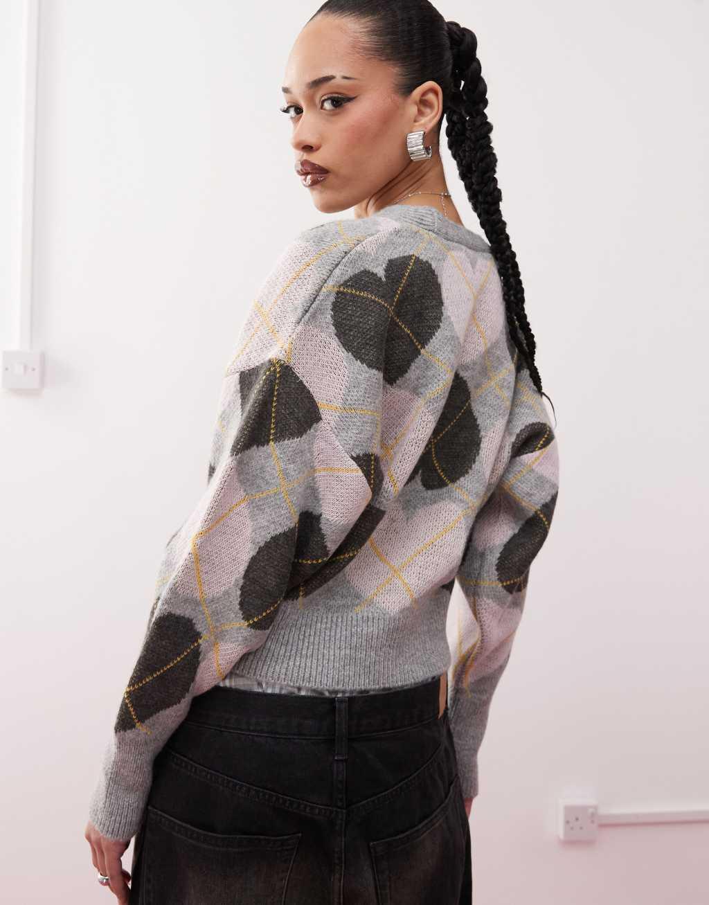 COLLUSION knit argyle heart cardigan in gray Product Image