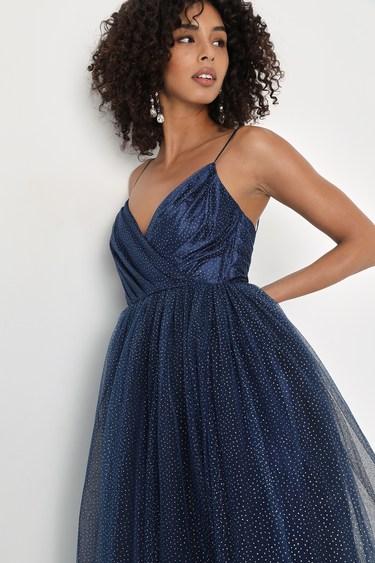 Spellbinding Beauty Navy Glitter Sleeveless Tulle Gown Product Image