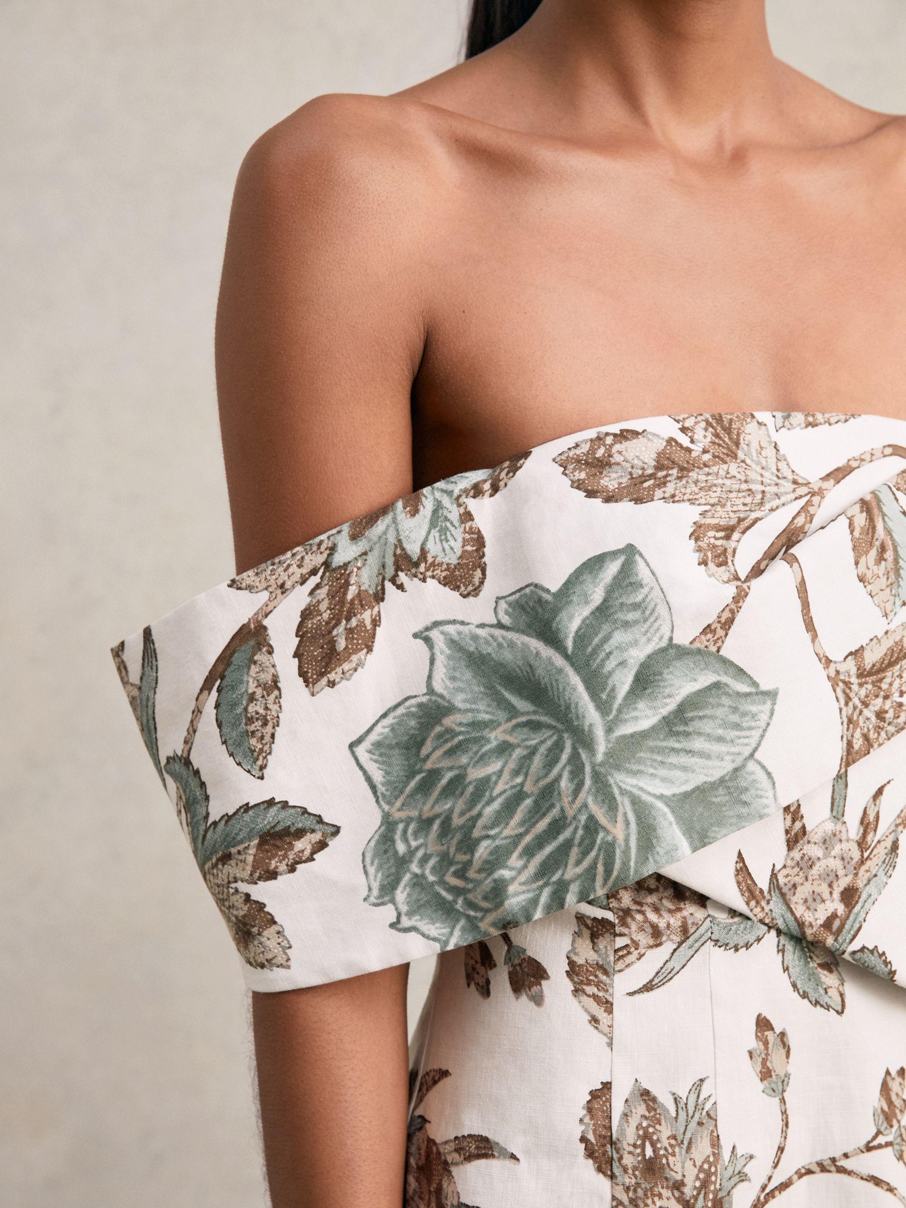 Sculpted Off-Shoulder Floral Mini Dress Linen-Cotton in Ivory Product Image