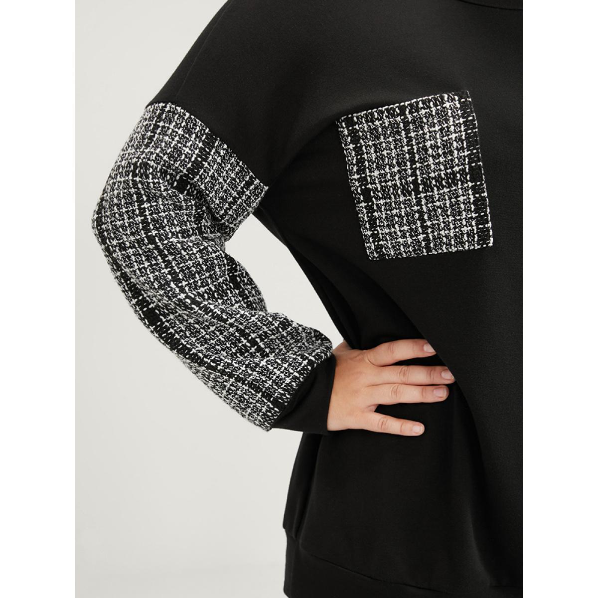 Plus Size Colorblock Contrast Pocket Raw Trim Drop Shoulder Sweatshirt Women Black Casual Patchwork Round Neck Dailywear Sweatshirts BloomChic 12/L Product Image