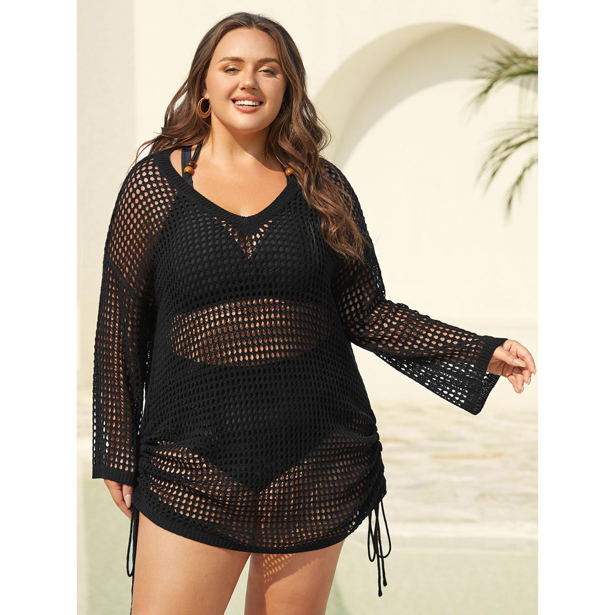Plus Size Side Drawstring Cut-Out Swim Cover-Up Women's Swimwear Black Curve Swim Cover Ups BloomChic 22-24/3X Product Image