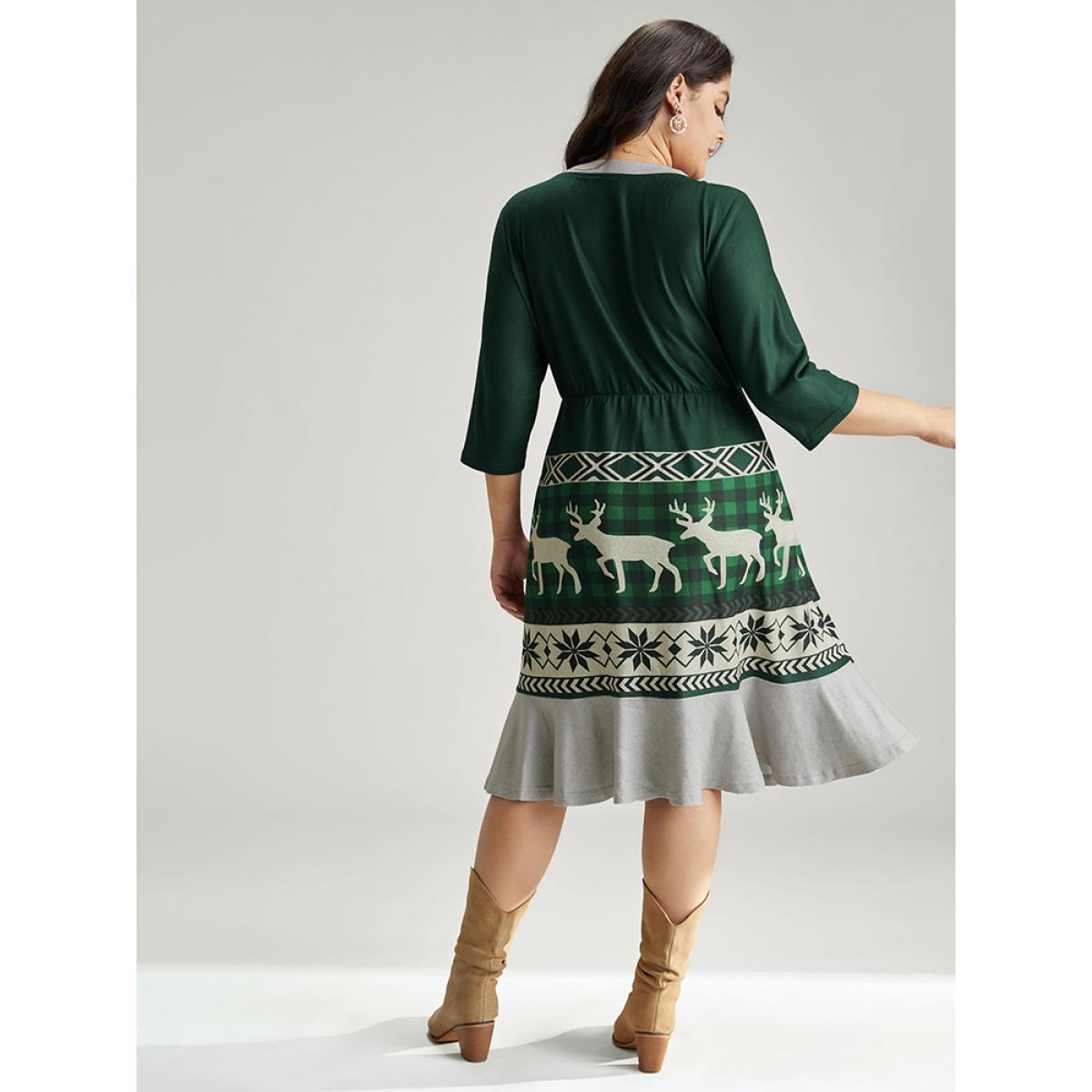 Plus Size Christmas Elk Elastic Waist Patchwork Button Detail Dress DarkGreen Women Casual Printed V-neck Elbow-length sleeve Curvy Midi Dress BloomChic 12/L Product Image