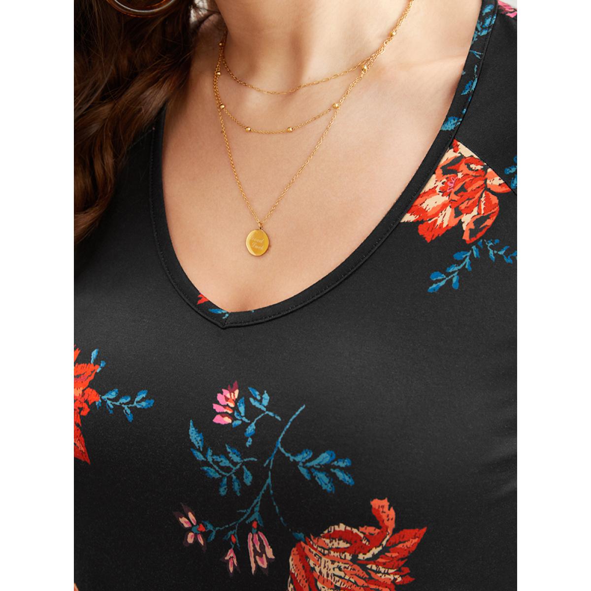 Plus Size Floral Print V Neck Pocket Flutter Hem Dress Without Belt Multicolor Women Elegant Pocket V-neck Long Sleeve Curvy Midi Dress BloomChic 18-20/2X Product Image