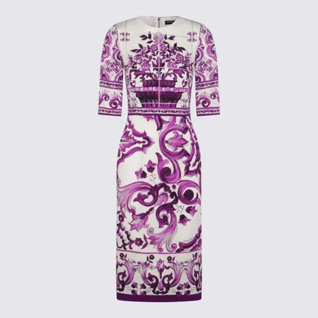 DOLCE & GABBANA Violet Crewneck Dress With Rear Zip Closure And All-over Floral Print In Silk Stretch Woman In Purple Product Image