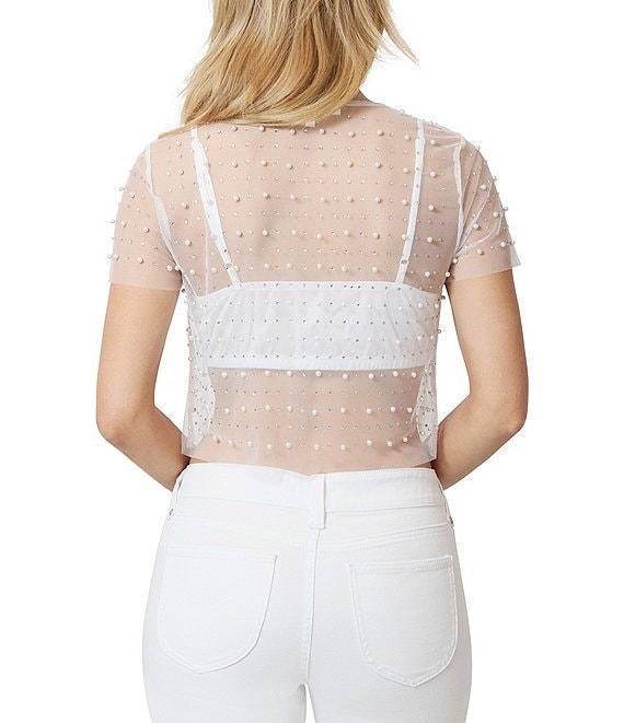 Stevie by Steve Madden Faux Pearl Stone Embellished Sheer Mesh Short Sleeve Crop Top Product Image