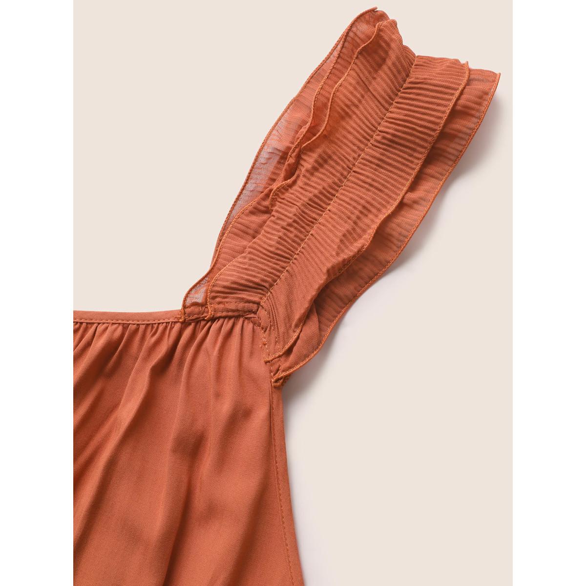 Plus Size Rust Rayon Ruffle Trim Gathered Tie Knot Jumpsuit Women Resort Sleeveless V-neck Vacation Loose Jumpsuits BloomChic 26/4X Product Image