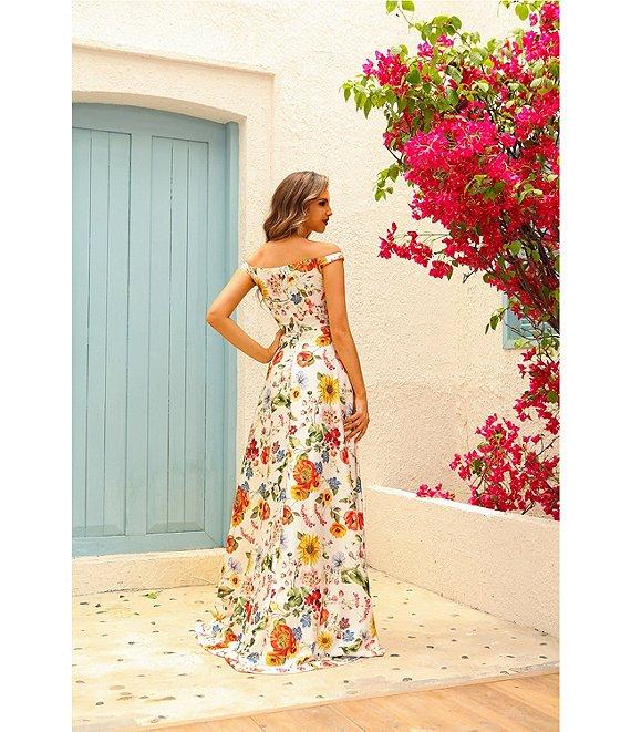 Terani Couture Off-The-Shoulder Floral Print Satin A-line Gown Product Image