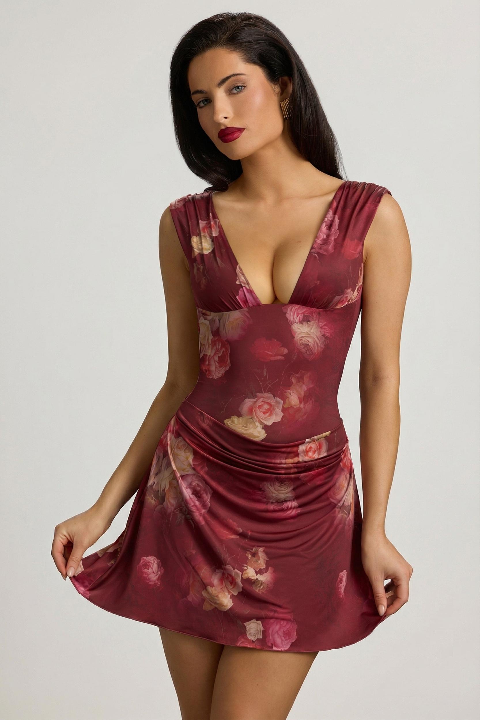 Draped Open-Back A-Line Mini Dress in Maroon Floral Print Product Image