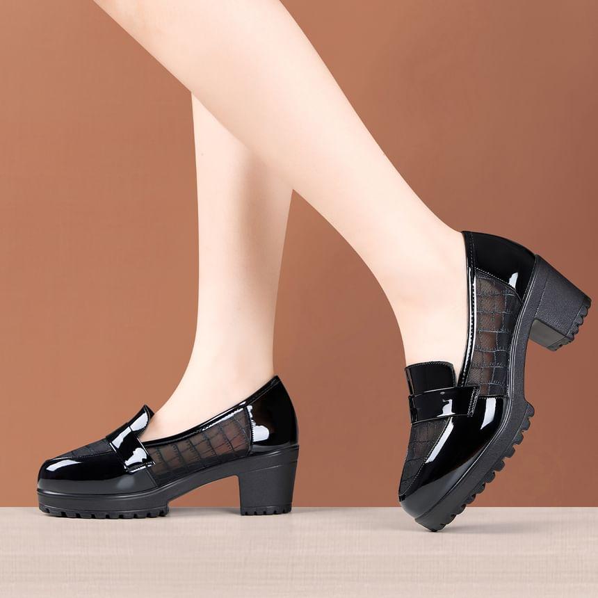 Platform Patent Leather Panel Mesh Block Heel Loafers Product Image