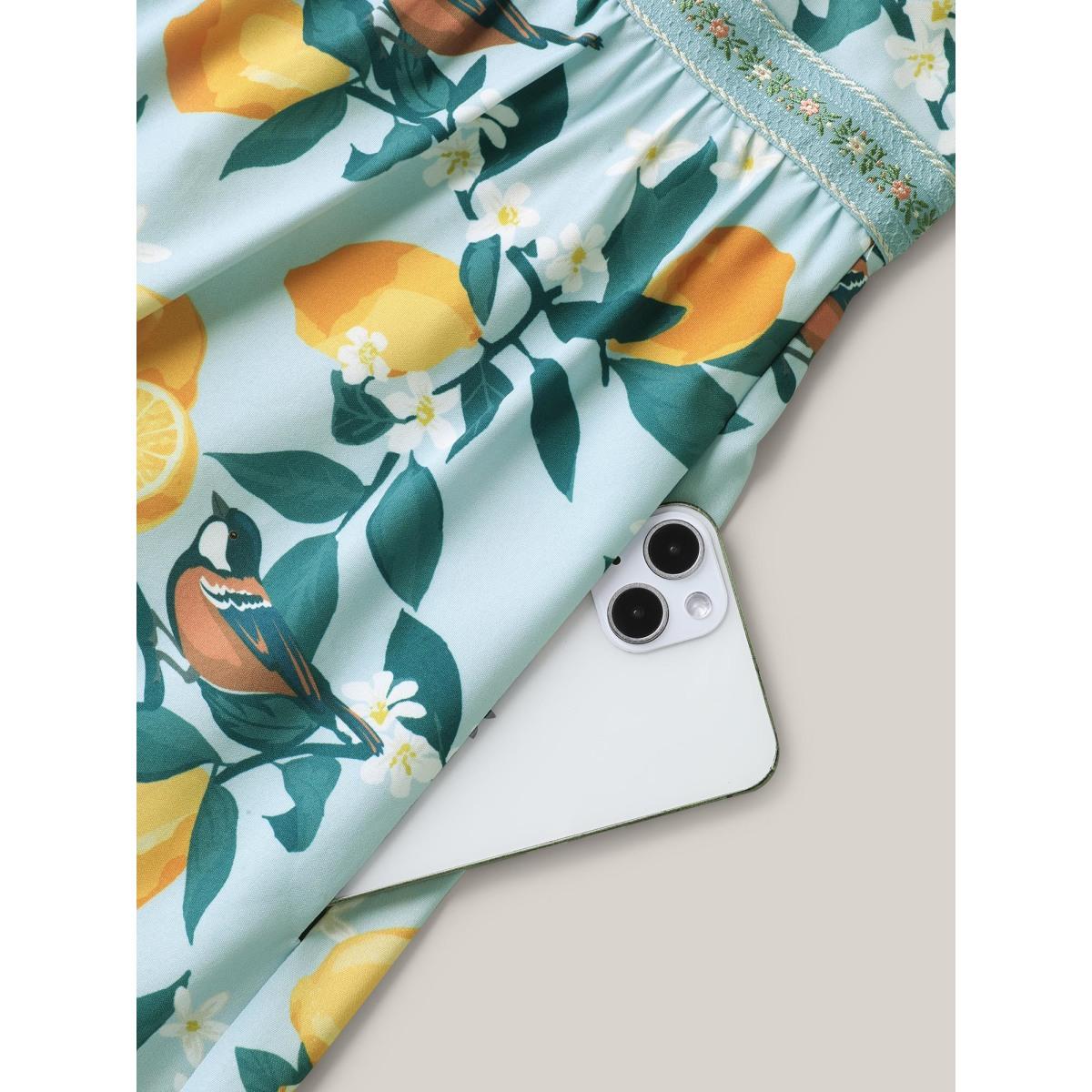 Plus Size Citrus Print Sweetheart Neckline Midi Dress LightBlue Women Gathered Heart neckline Short sleeve Curvy BloomChic 18-20/2X Product Image