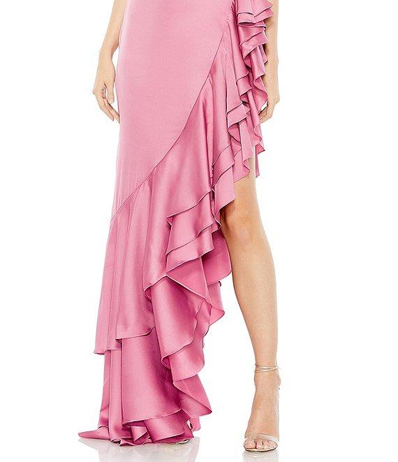 Mac Duggal Asymmetrical Layered Ruffle Hem Surplice V-Neck Cap Sleeve Cut Out Side Open Back Gown Product Image