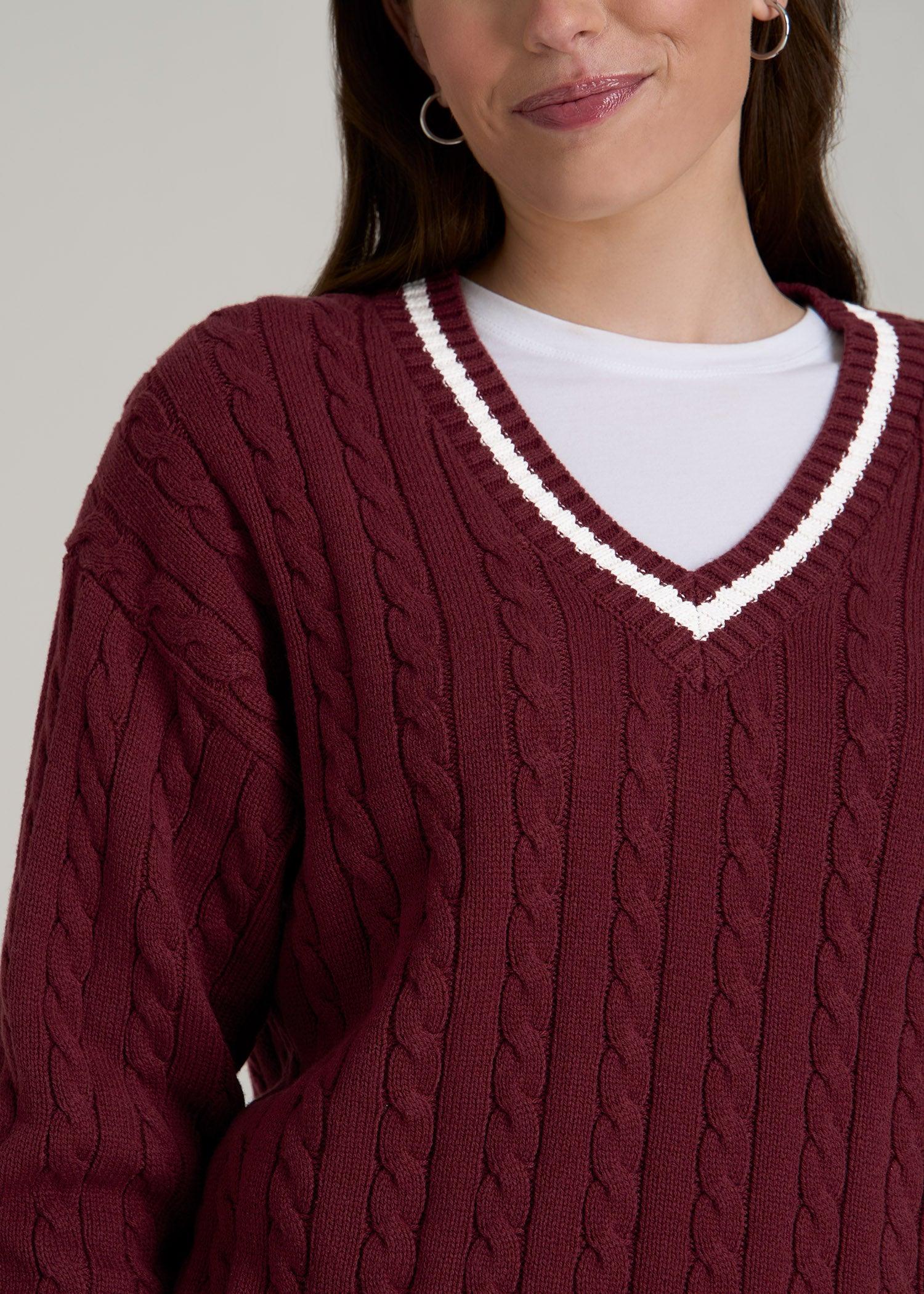 V-Neck Collegiate Sweater for Tall Women in Red Ochre and Winter White Female Product Image