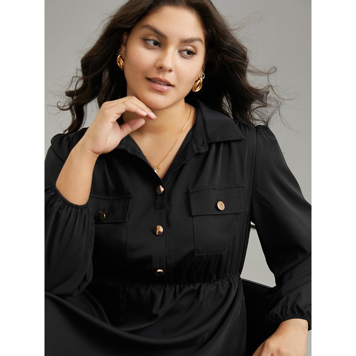 Plus Size Static-Free Plain Button Detail Lantern Sleeve Dress Black Women Office Elastic cuffs Shirt collar Long Sleeve Curvy Midi Dress BloomChic 22-24/3X Product Image