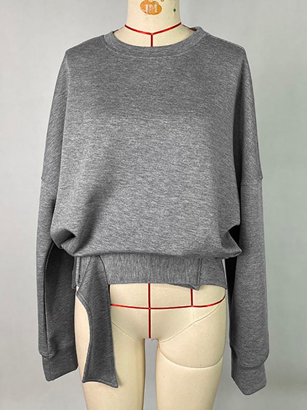 Long Sleeves Loose Belt Buckle Solid Color Round-Neck Sweatshirt Tops Product Image