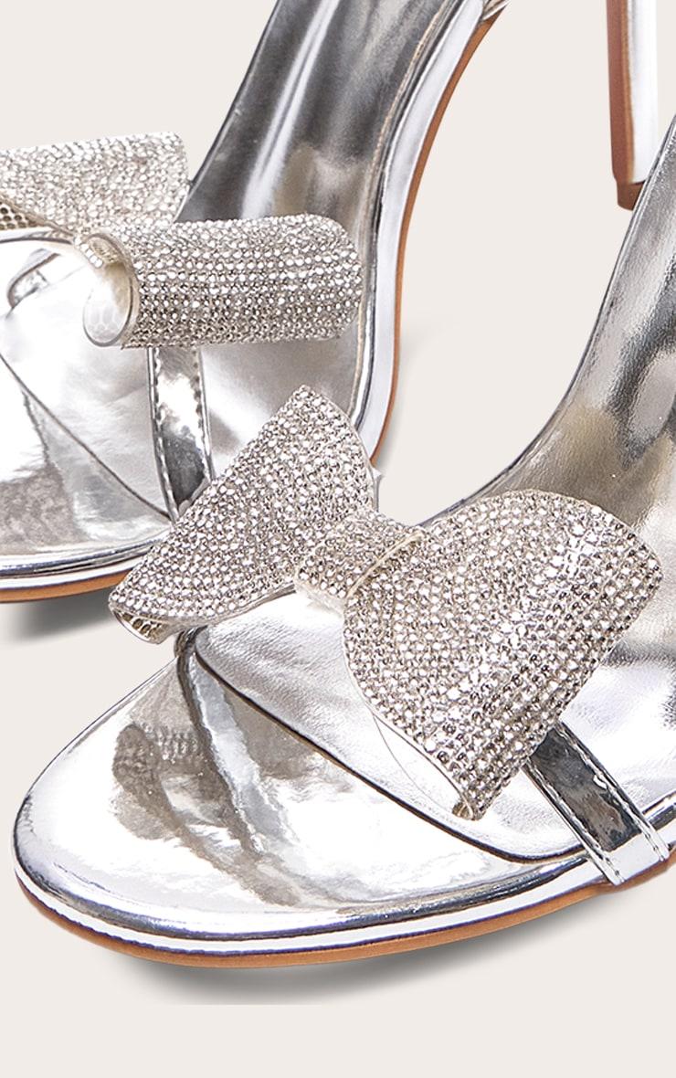 Silver PU Round Toe Diamante Bow Heeled Sandals Product Image