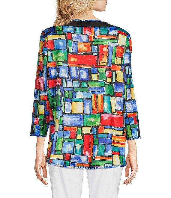 Ali Miles Petite Size Reversible Mesh Knit Round Neck 3/4 Sleeve Hi-Low Hem Tunic Product Image