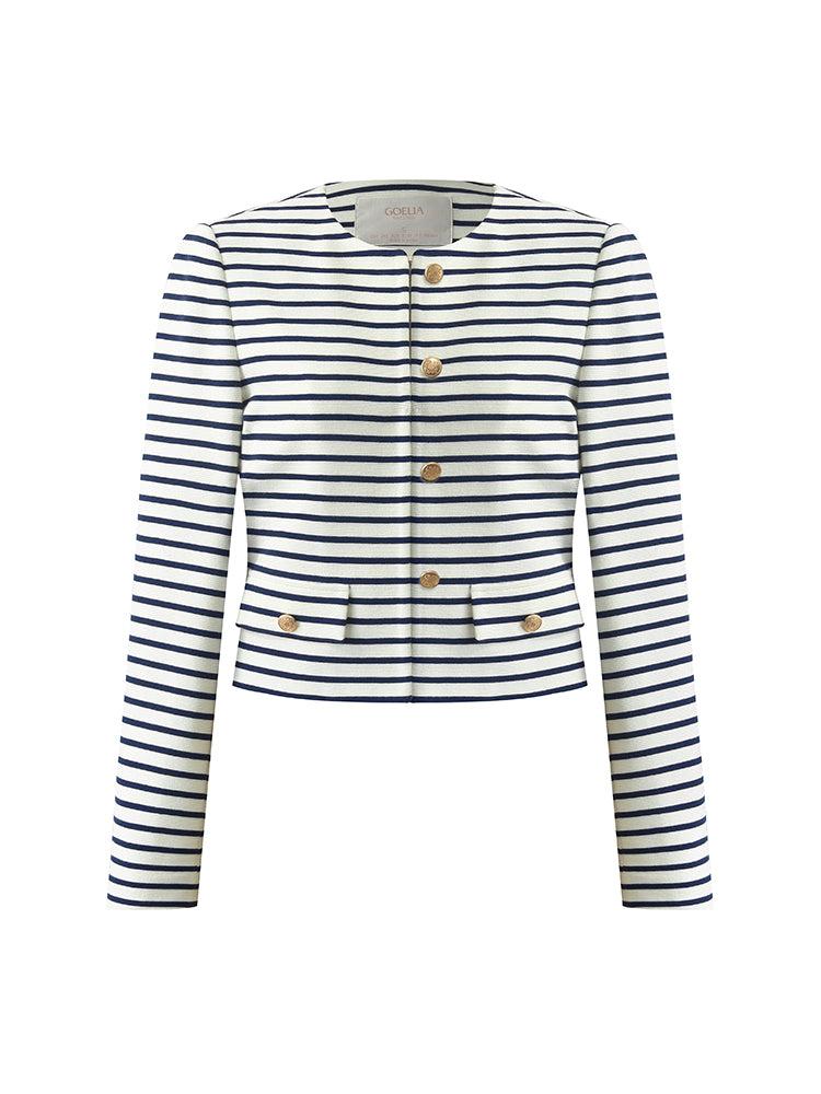 Cotton Striped Single-Breasted Women Crop Jacket Product Image