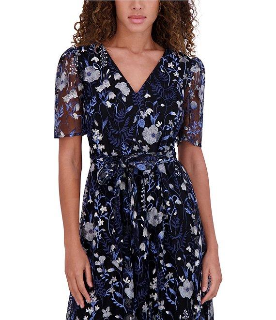 Kensie Embroidered Mesh Floral Pattern V-Neck Short Puff Sleeves Belted A-Line Dress Product Image