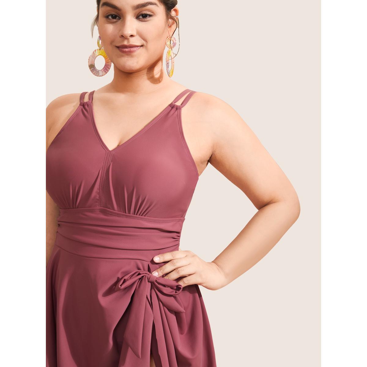 Plus Size Plain Gathered Knot Adjustable Straps Swim Dress Women's Swimwear Lilac Beach Bodycon V-neck High stretch Curve Swim Dresses BloomChic 28/5X Product Image