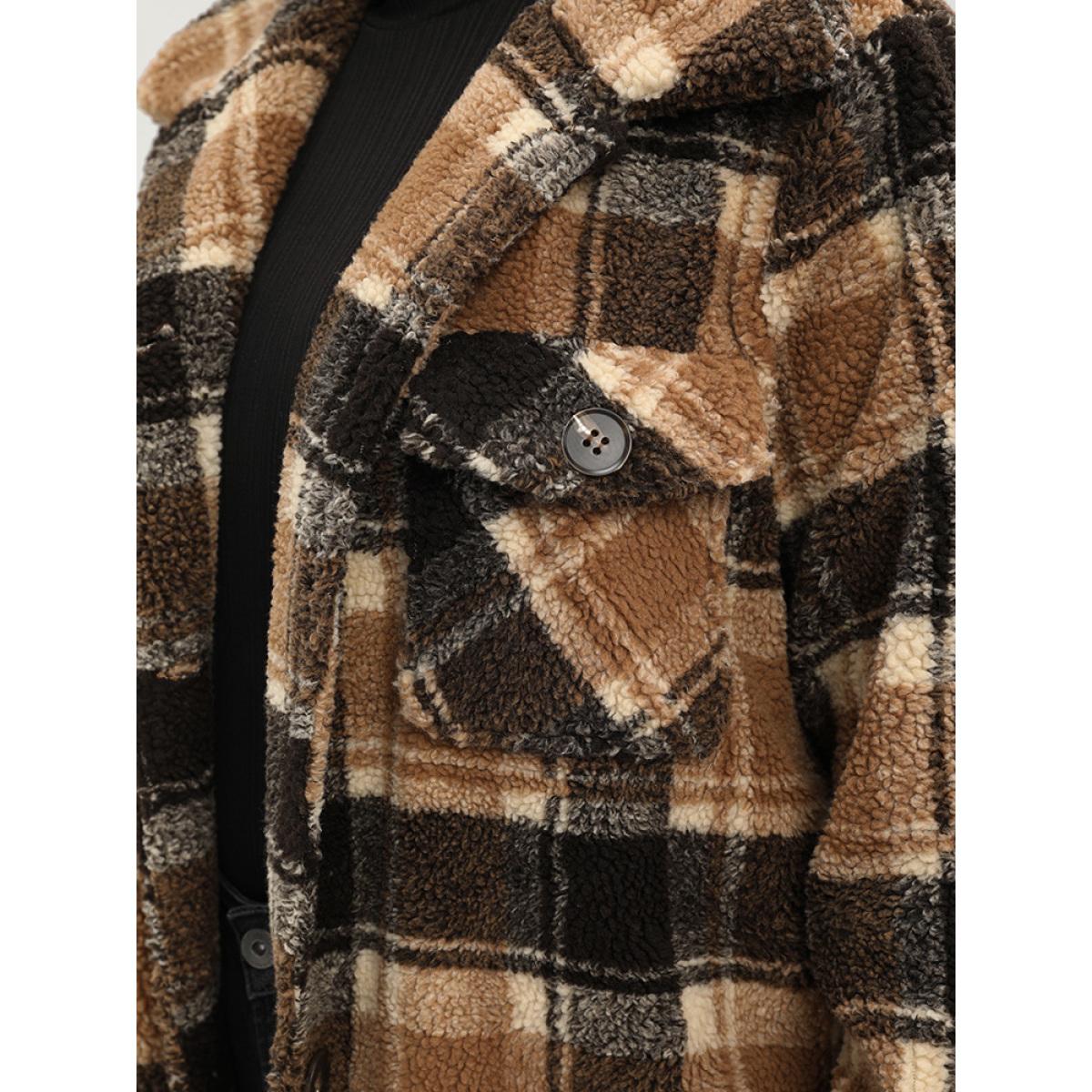 Plus Size Plaid Flap Pocket Button Up Teddy Coat Women Bronze Elegant Button Ladies Dailywear Winter Coats BloomChic 18-20/2X Product Image
