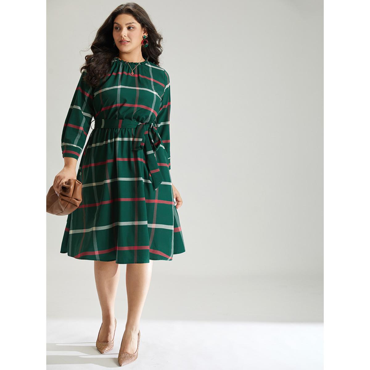 Plus Size Plaid Stand Collar Gathered Belted Dress Multicolor Women Office Printed Stand-up collar Elbow-length sleeve Curvy Midi Dress BloomChic 22-24/3X Product Image