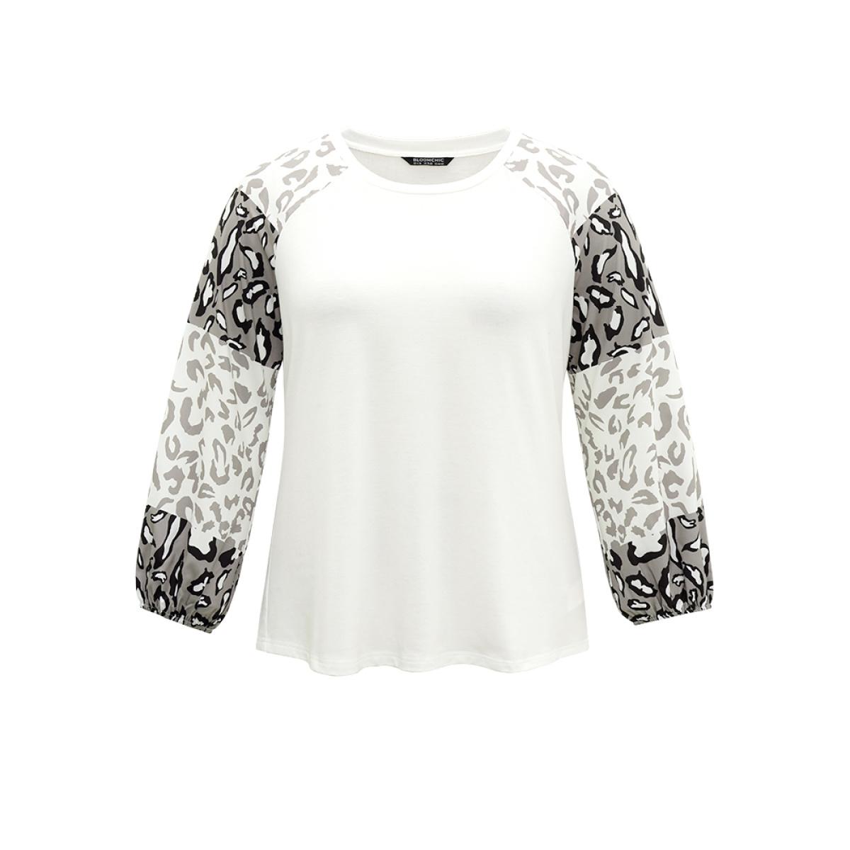 Plus Size Leopard Patchwork Contrast Lantern Sleeve Sweatshirt White Women Casual Elastic cuffs Leopard Round Neck Dailywear T-shirts BloomChic 10/M Product Image
