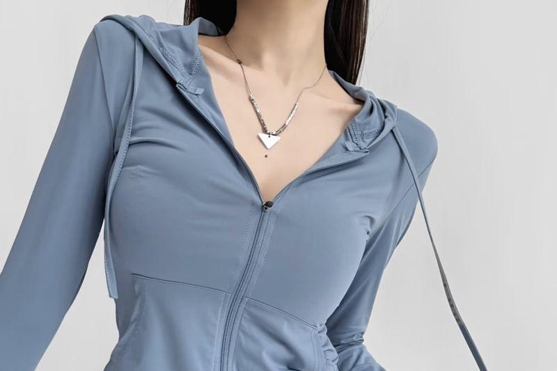 Plain Drawstring Hooded Zip Jacket Product Image