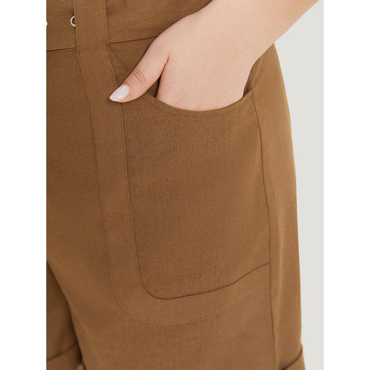 Plus Size Solid Pocket Belted Roll Hem High Rise Shorts Women DarkBrown Office Belted Office Shorts BloomChic 22-24/3X Product Image