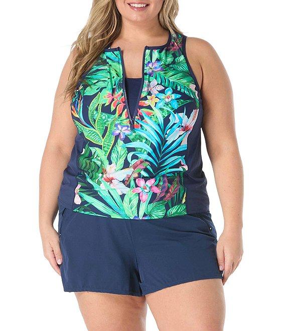 Beach House Plus Size Tropical Paradise Botanical Zip Front Racerback Tankini Swim Top Product Image