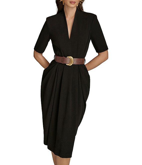 Donna Karan Cady Crepe V-Neck Short Sleeve Belted Sheath Midi Dress Product Image