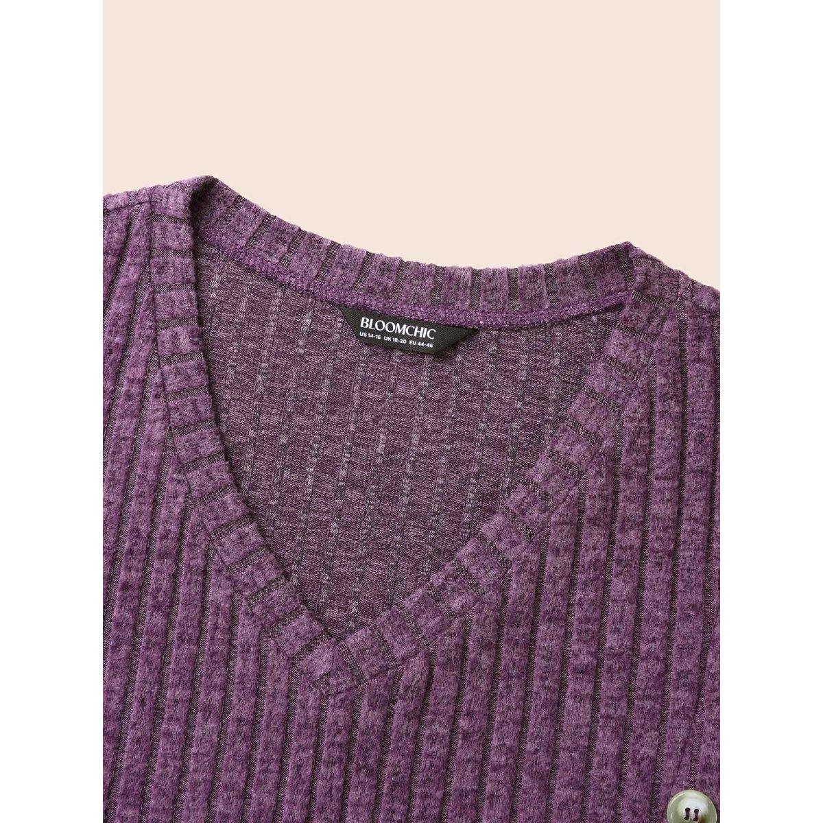 Plus Size V Neck Button Detail Rib Knit T-shirt Mauve Women Elegant Texture V-neck Everyday T-shirts BloomChic 22-24/3X Product Image