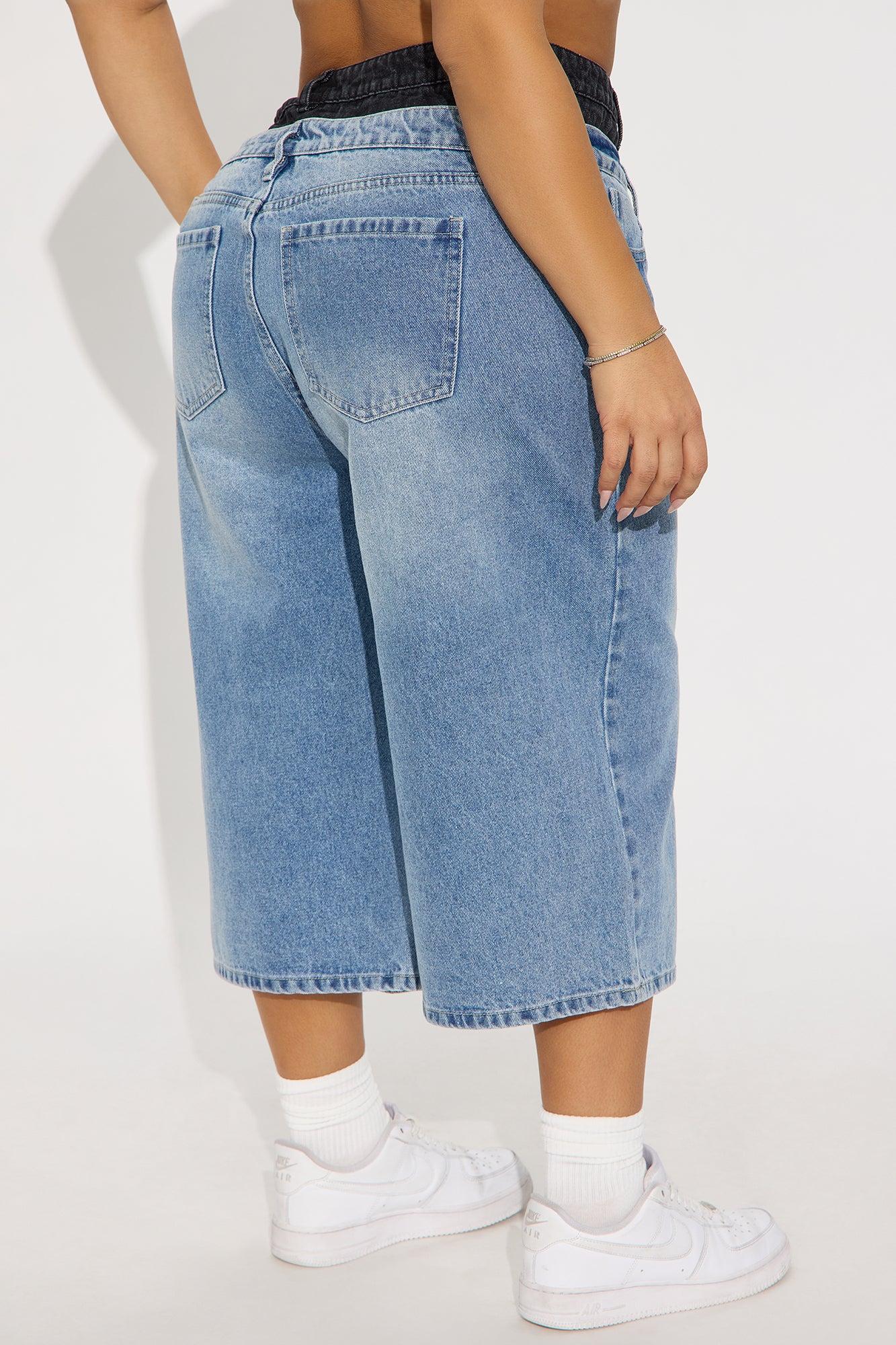 Teigen Non Stretch Double Waistband Denim Jorts - Medium Wash Product Image