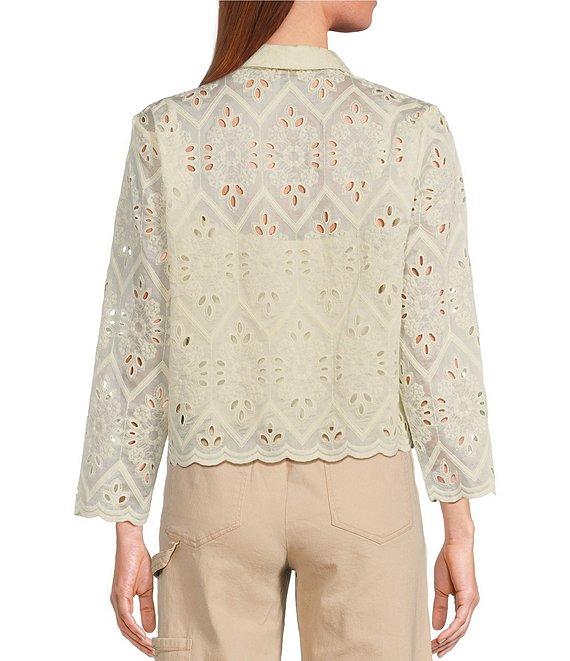 Skies Are Blue Chiffon Eyelet Button Front Point Collar Long Sleeve Blouse Product Image