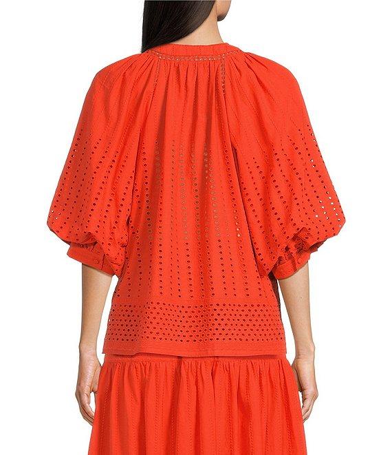 Gibson & Latimer Eyelet Woven Tie Split V-Neck 3/4 Bubble Sleeve Coordinating Blouse Product Image