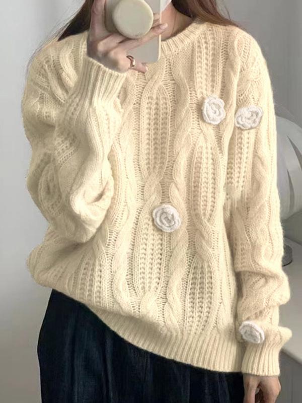 Three Dimensional Rose Crochet Cable Knit Sweater Product Image