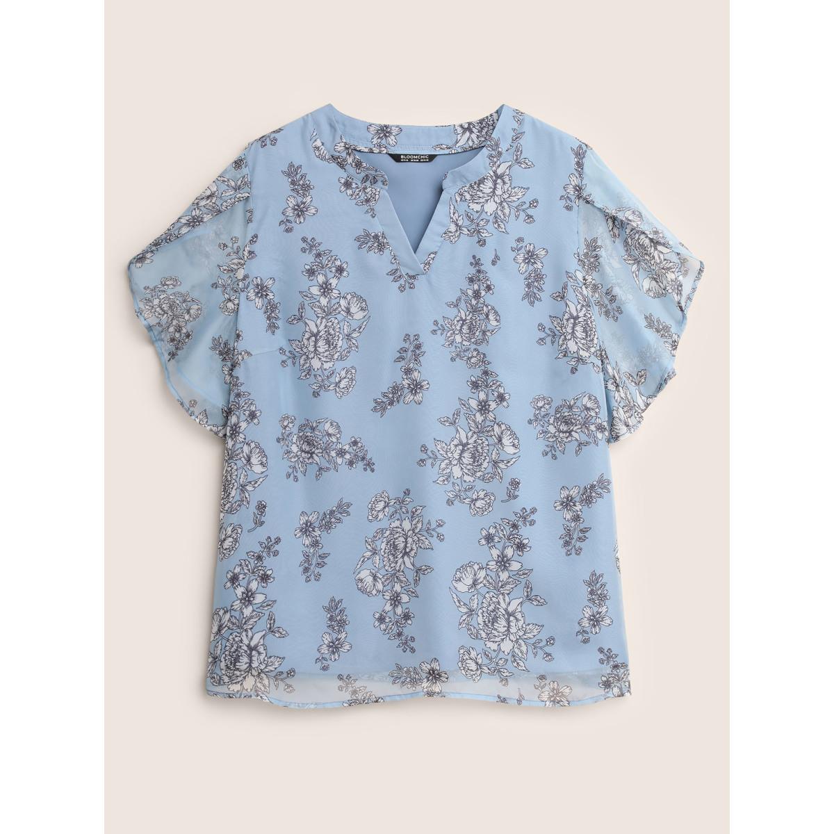 Plus Size Stone Chiffon Floral Print Flat Collar With V Notch Petal Sleeve Blouse Women Elegant Short sleeve V-neck Everyday Blouses BloomChic 18-20/2X Product Image