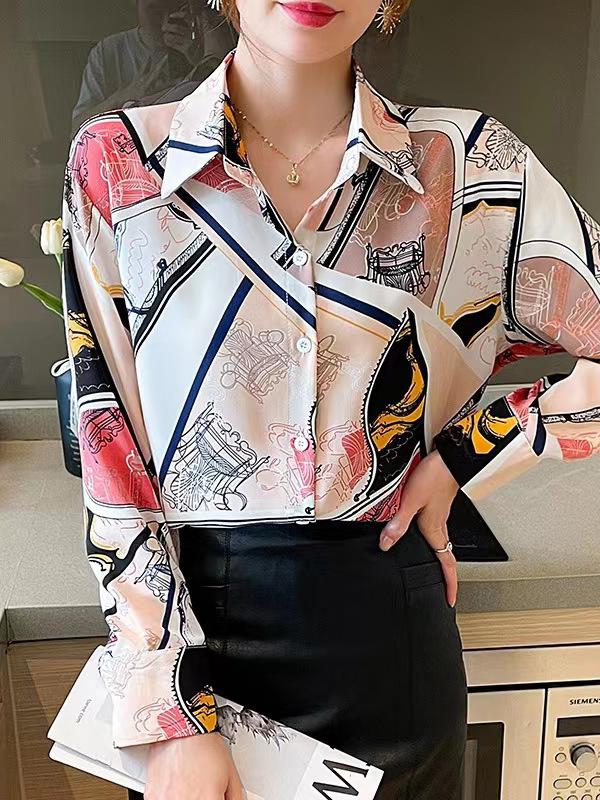 Long Sleeves Loose Buttoned Printed Split-Joint Lapel Blouses&Shirts Tops Product Image