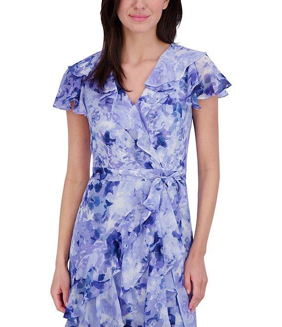 Eliza J Chiffon Floral Print V Neck Short Sleeve Ruffle Waist Tie A-Line Maxi Dress Product Image