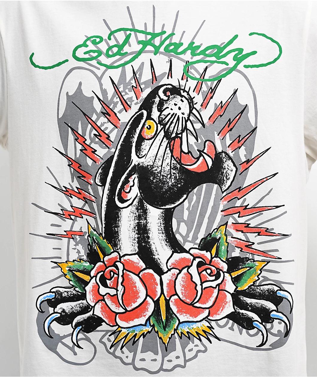 Ed Hardy Panther Roses Ivory T-Shirt Product Image