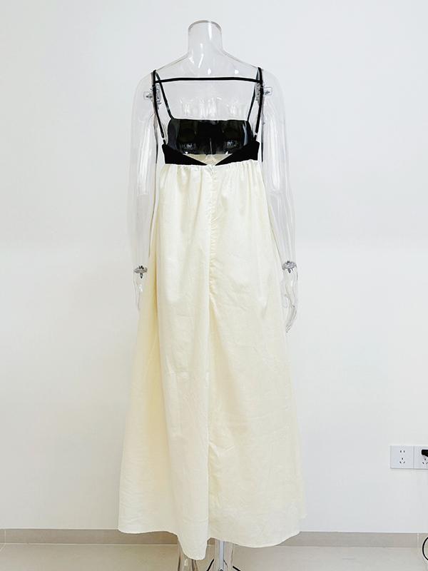 A-Line Loose Contrast Color Pleated Split-Joint Spaghetti-Neck Maxi Dresses Product Image