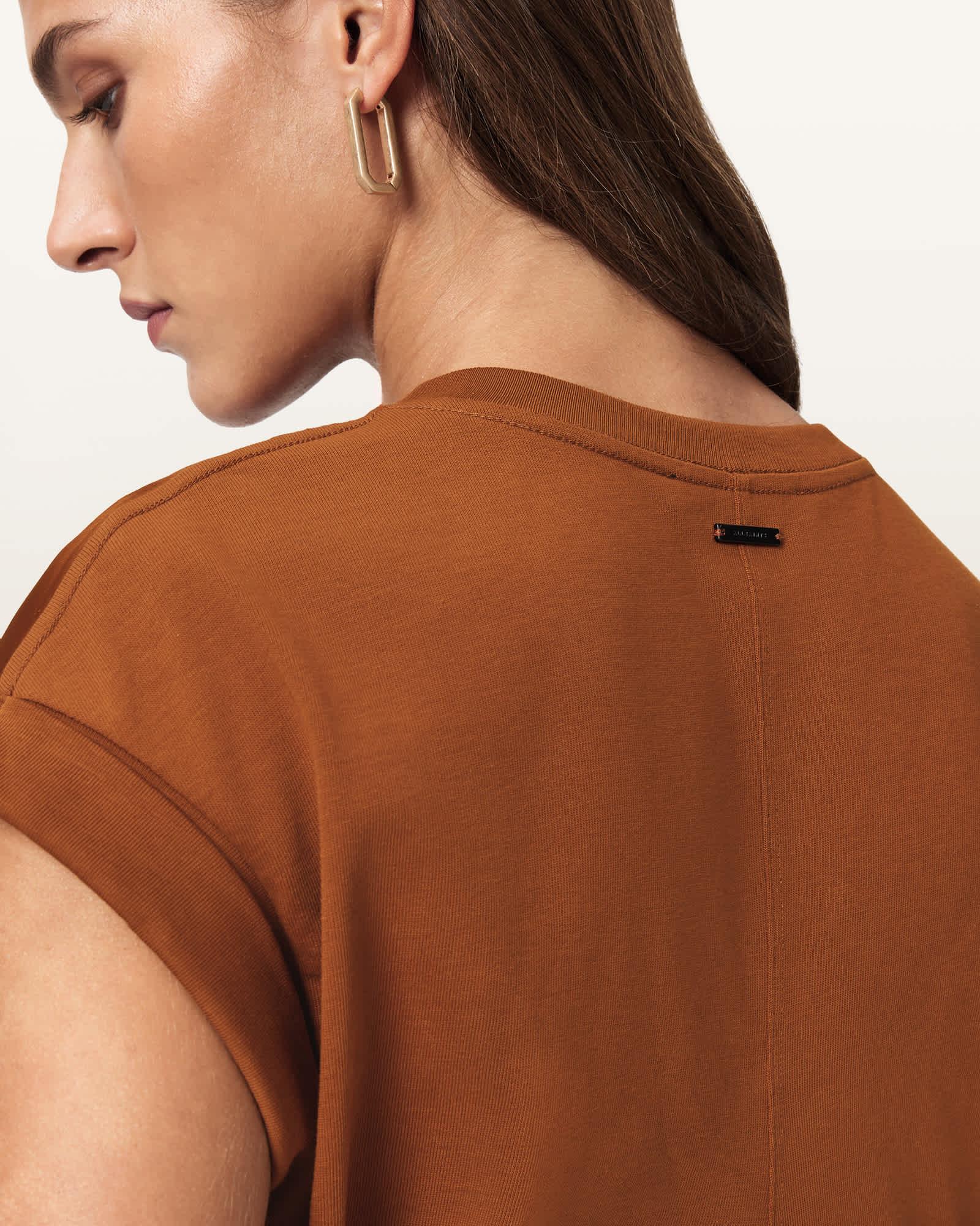 Mira Cropped Satin Drawcord T-Shirt RUST BROWN | ALLSAINTS US Product Image