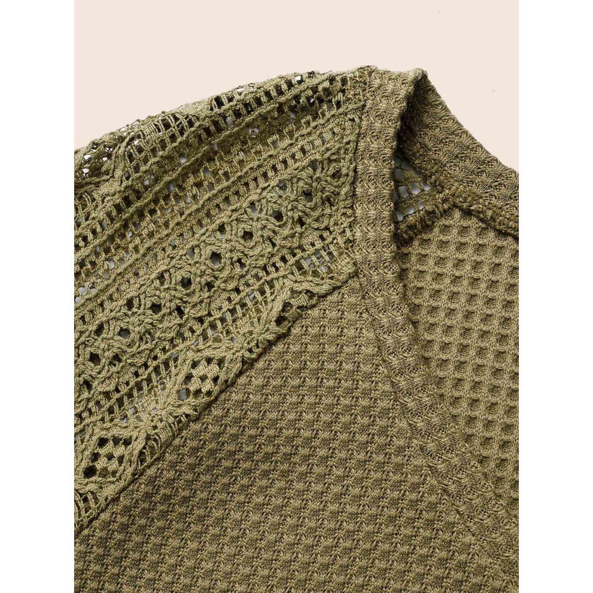 Plus Size V Neck Waffle Knit Crochet Lace T-shirt Olive Women Casual Texture V-neck Everyday T-shirts BloomChic 14-16/1X Product Image
